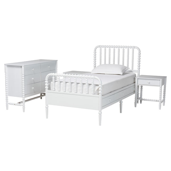 Baxton Studio Baxton Studio Lucera Twin Platform Bed Set Rubberwood Spindle Farmhouse Storage MG0110-8-White-Twin 4PC Bedroom Set