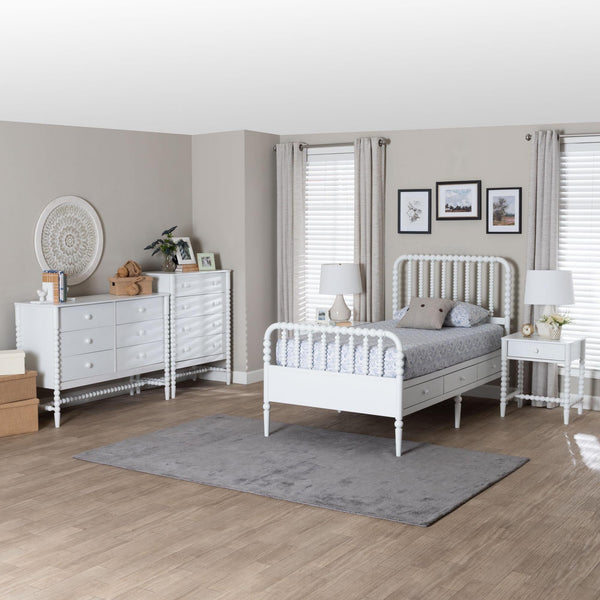 Baxton Studio Lucera Twin Bedroom Set Rubberwood Spindle Storage White 5 Piece