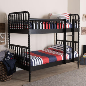 Baxton Studio Lucera Rubberwood Spindle Bunk Bed with Ladder and Guard Rail for Kids