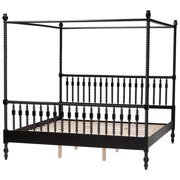 Baxton Studio Callison Rubberwood Canopy Bed Farmhouse Spindle King Frame