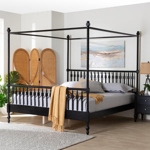 Baxton Studio Callison Rubberwood Canopy Bed Farmhouse Spindle King Frame