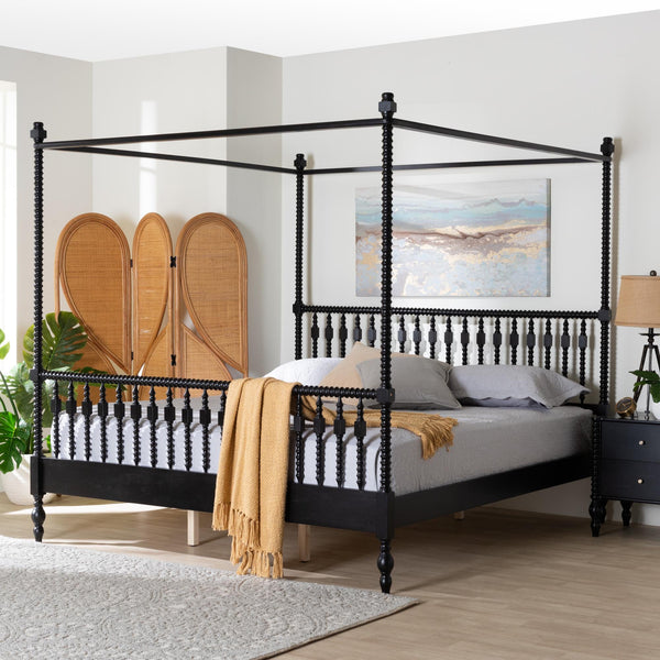 Baxton Studio Callison Rubberwood Canopy Bed Farmhouse Spindle King Frame