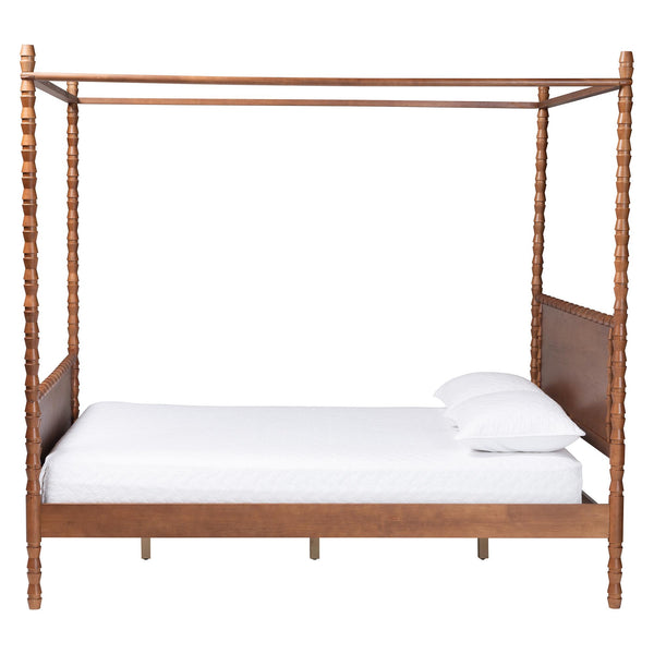 Baxton Studio Danette Rubberwood Bobbin Canopy Bed Artisan Four Poster Queen Frame