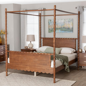 Baxton Studio Danette Rubberwood Bobbin Canopy Bed Artisan Four Poster Queen Frame