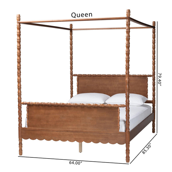 Baxton Studio Danette Rubberwood Bobbin Canopy Bed Artisan Four Poster Queen Frame