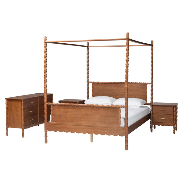 Baxton Studio Baxton Studio Danette Rubberwood Queen Canopy Bedroom Set with Bobbin Spindle Detail 4-Piece MG0260-2-Walnut-Queen 4PC Canopy Bedroom Set