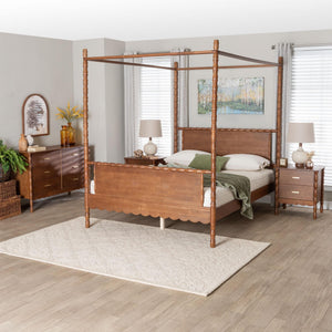 Baxton Studio Danette Rubberwood Queen Canopy Bedroom Set with Bobbin Spindle Detail