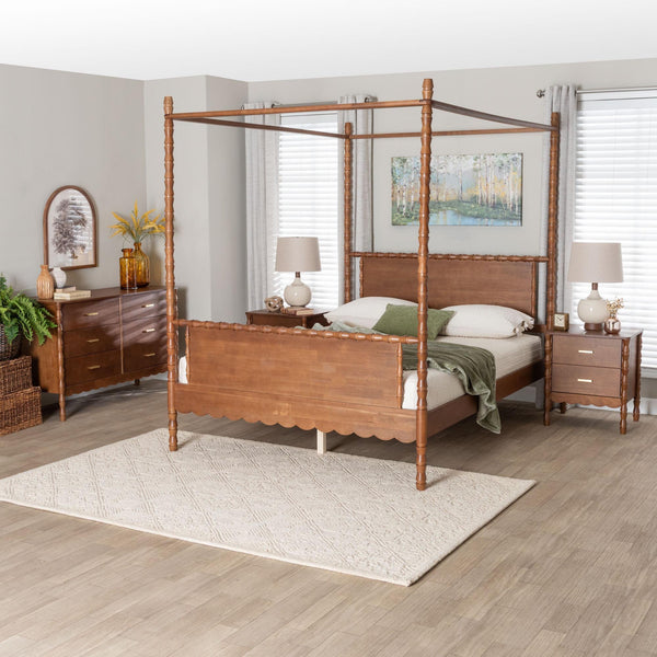Baxton Studio Danette Rubberwood Queen Canopy Bedroom Set with Bobbin Spindle Detail
