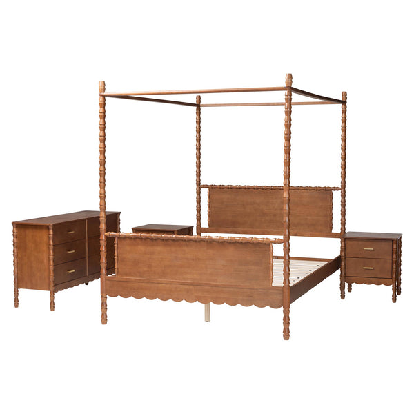 Baxton Studio Danette Rubberwood Queen Canopy Bedroom Set with Bobbin Spindle Detail