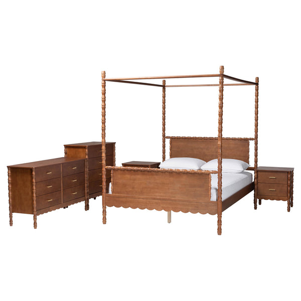 Baxton Studio Danette Rubberwood Queen Canopy Bedroom Set with Bobbin Spindle Detail