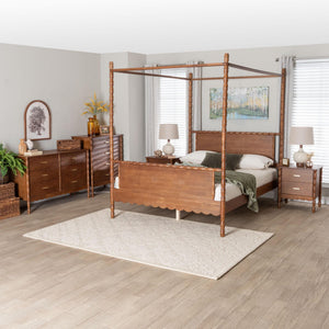 Baxton Studio Danette Rubberwood Queen Canopy Bedroom Set with Bobbin Spindle Detail