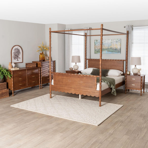 Baxton Studio Danette Rubberwood Queen Canopy Bedroom Set with Bobbin Spindle Detail
