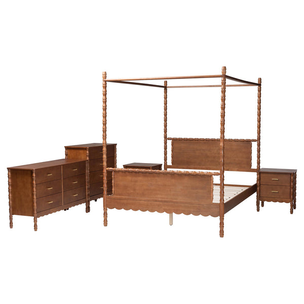 Baxton Studio Danette Rubberwood Queen Canopy Bedroom Set with Bobbin Spindle Detail
