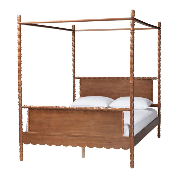 Baxton Studio Danette Rubberwood Queen Canopy Bedroom Set with Bobbin Spindle Detail