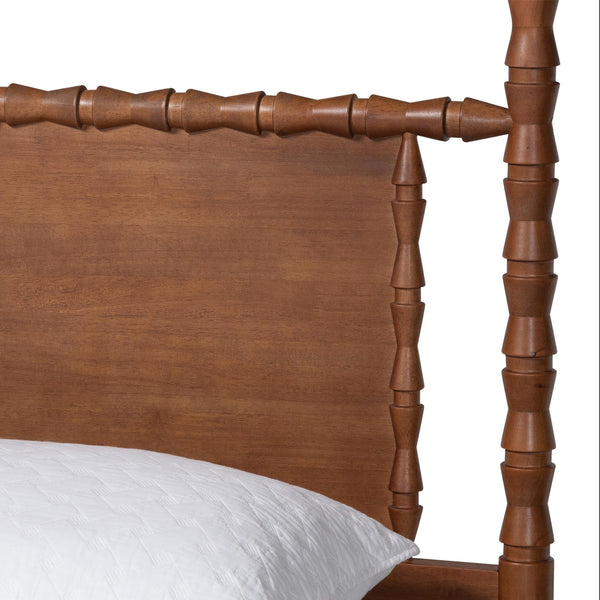 Baxton Studio Danette Rubberwood Queen Canopy Bedroom Set with Bobbin Spindle Detail