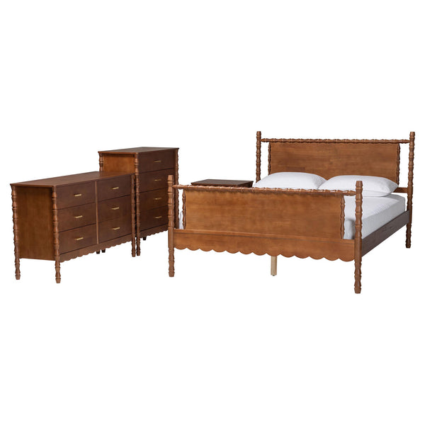 Baxton Studio Danette Bobbin Rubberwood Queen Bedroom Set with Platform Bed Artisan Style