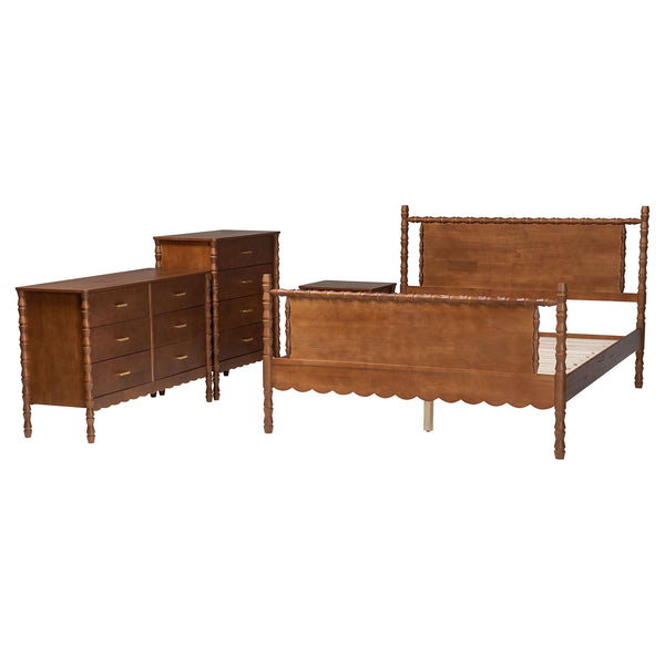 Baxton Studio Danette Bobbin Rubberwood Queen Bedroom Set with Platform Bed Artisan Style
