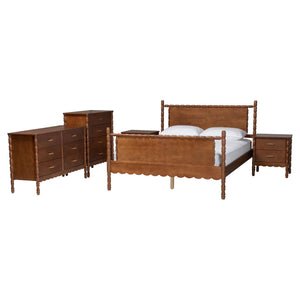 Baxton Studio Baxton Studio Danette Rubberwood Queen Bedroom Set with Bobbin Four Poster Bed MG0260-Walnut-Queen 5PC Bedroom Set