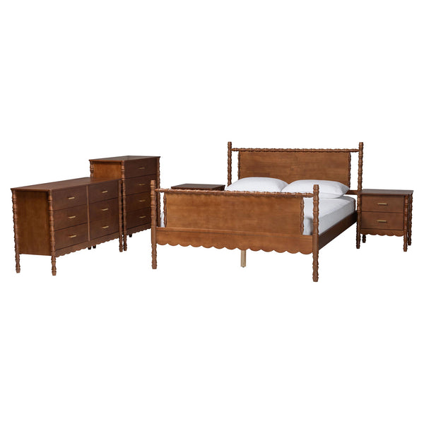 Baxton Studio Baxton Studio Danette Rubberwood Queen Bedroom Set with Bobbin Four Poster Bed MG0260-Walnut-Queen 5PC Bedroom Set