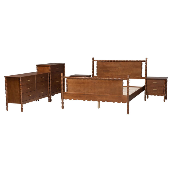 Baxton Studio Danette Rubberwood Queen Bedroom Set with Bobbin Four Poster Bed