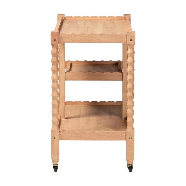 Baxton Studio Seamus Rolling 3 Tier Book Cart with Rubberwood Bobbin Frame Open Shelving