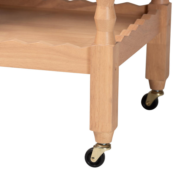 Baxton Studio Seamus Rolling 3 Tier Book Cart with Rubberwood Bobbin Frame Open Shelving