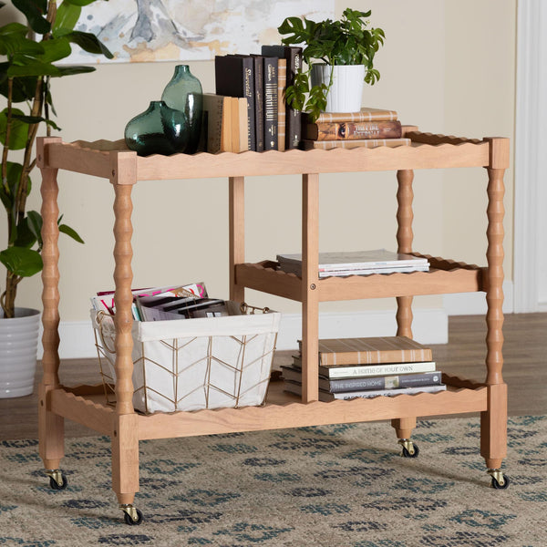 Baxton Studio Seamus Rolling 3 Tier Book Cart with Rubberwood Bobbin Frame Open Shelving