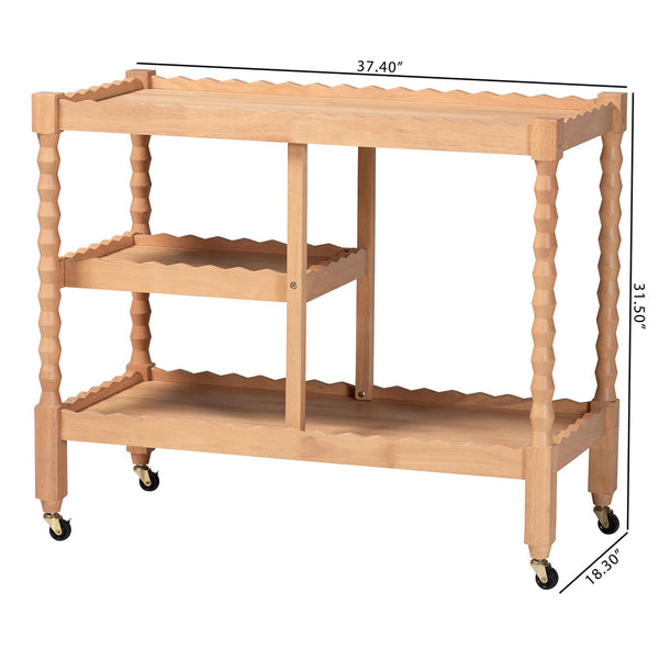 Baxton Studio Seamus Rolling 3 Tier Book Cart with Rubberwood Bobbin Frame Open Shelving