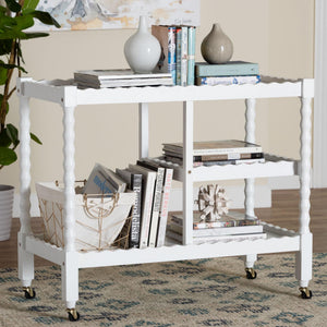 Baxton Studio Seamus Rolling 3 Tier Book Cart with Rubberwood Bobbin Frame Open Shelving