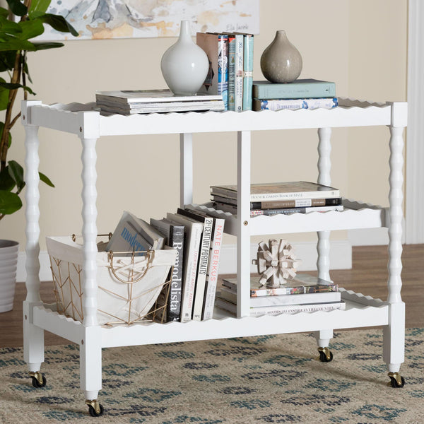 Baxton Studio Seamus Rolling 3 Tier Book Cart with Rubberwood Bobbin Frame Open Shelving