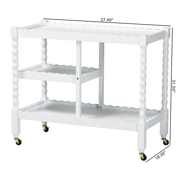 Baxton Studio Seamus Rolling 3 Tier Book Cart with Rubberwood Bobbin Frame Open Shelving