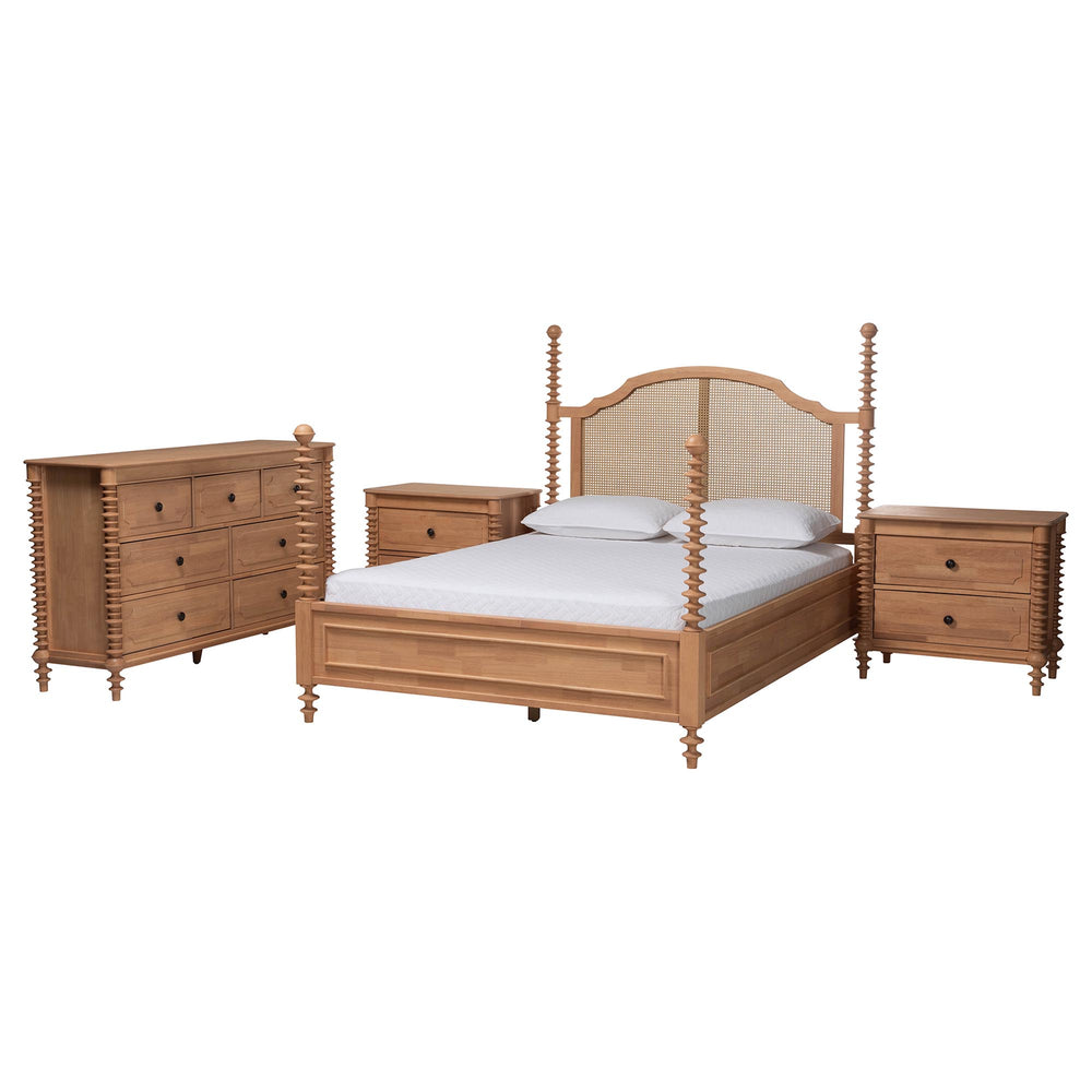 Baxton Studio Baxton Studio Neviah Queen Bedroom Set Solid Wood Rattan Farmhouse Cottage Storage MG0267-1-Beech/5702 Rattan-Queen 4PC Four Poster Bedroom Set