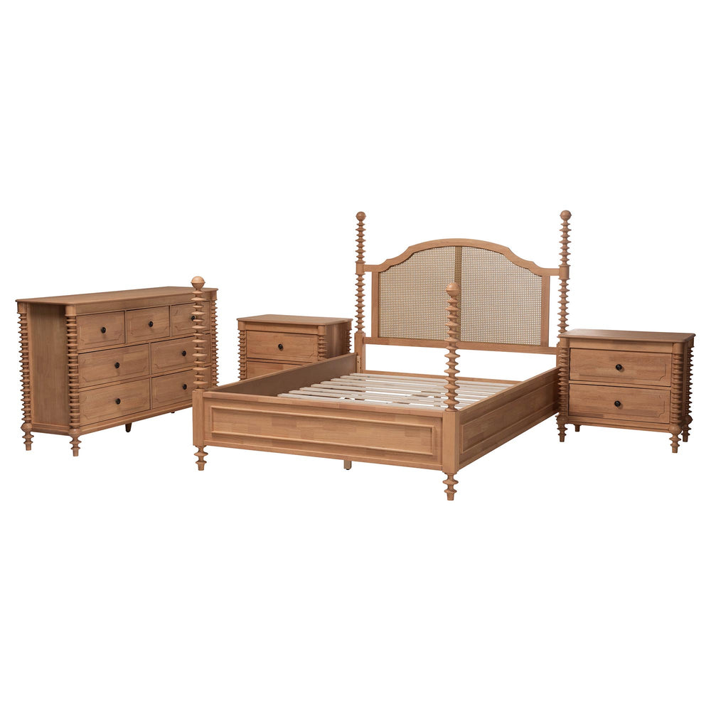 Baxton Studio Baxton Studio Neviah Queen Bedroom Set Solid Wood Rattan Farmhouse Cottage Storage MG0267-1-Beech/5702 Rattan-Queen 4PC Four Poster Bedroom Set