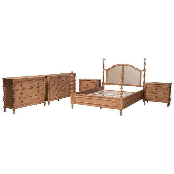 Baxton Studio Neviah Queen Bedroom Set Rubberwood Rattan Headboard Cottage Suite
