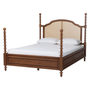 Baxton Studio Baxton Studio Neviah Queen Four Poster Bed Rubberwood Rattan Headboard Walnut MG0267-1-Walnut/5702 Rattan-Queen-Four Poster Bed