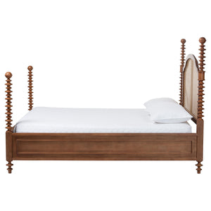 Baxton Studio Neviah Queen Four Poster Bed Rubberwood Rattan Headboard Walnut