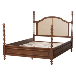 Baxton Studio Neviah Queen Four Poster Bed Rubberwood Rattan Headboard Walnut