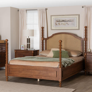 Baxton Studio Neviah Queen Four Poster Bed Rubberwood Rattan Headboard Walnut