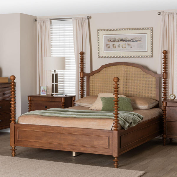 Baxton Studio Neviah Queen Four Poster Bed Rubberwood Rattan Headboard Walnut