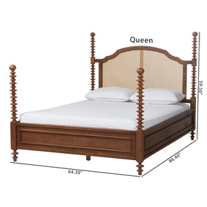 Baxton Studio Neviah Queen Four Poster Bed Rubberwood Rattan Headboard Walnut