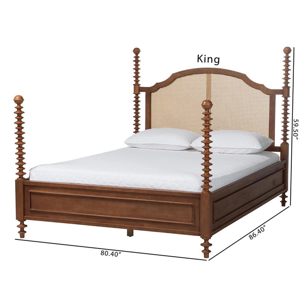 Baxton Studio Neviah Queen Four Poster Bed Rubberwood Rattan Headboard Walnut