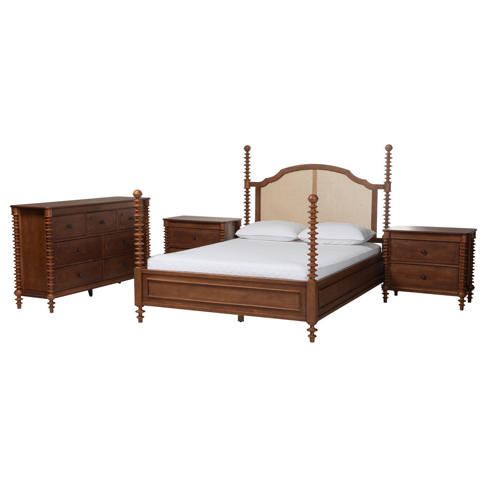 Baxton Studio Baxton Studio Neviah Queen Bedroom Set Rattan Rubberwood Farmhouse Walnut Finish MG0267-1-Walnut/5702 Rattan-Queen 4PC Four Poster Bedroom Set