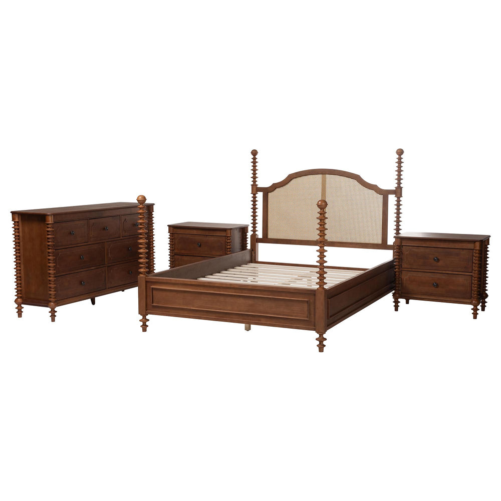 Baxton Studio Baxton Studio Neviah Queen Bedroom Set Rattan Rubberwood Farmhouse Walnut Finish MG0267-1-Walnut/5702 Rattan-Queen 4PC Four Poster Bedroom Set