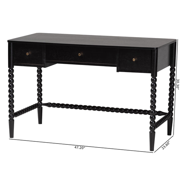 Baxton Studio Lucera Rubberwood Writing Desk with Bobbin Spindles and Three Drawers for Home Office