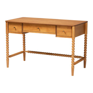 Baxton Studio Lucera Rubberwood Writing Desk with Bobbin Spindles and Three Drawers for Home Office