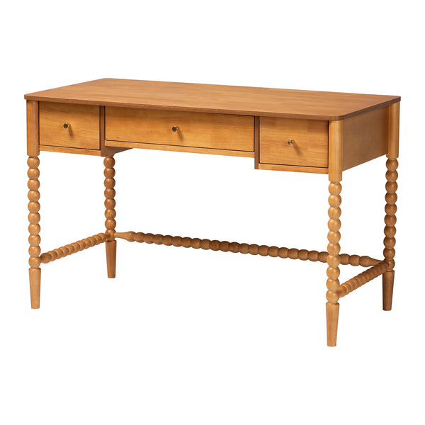 Baxton Studio Lucera Rubberwood Writing Desk with Bobbin Spindles and Three Drawers for Home Office