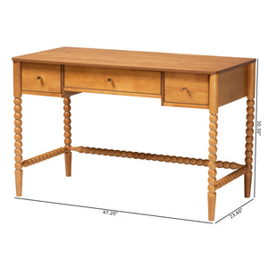 Baxton Studio Lucera Rubberwood Writing Desk with Bobbin Spindles and Three Drawers for Home Office