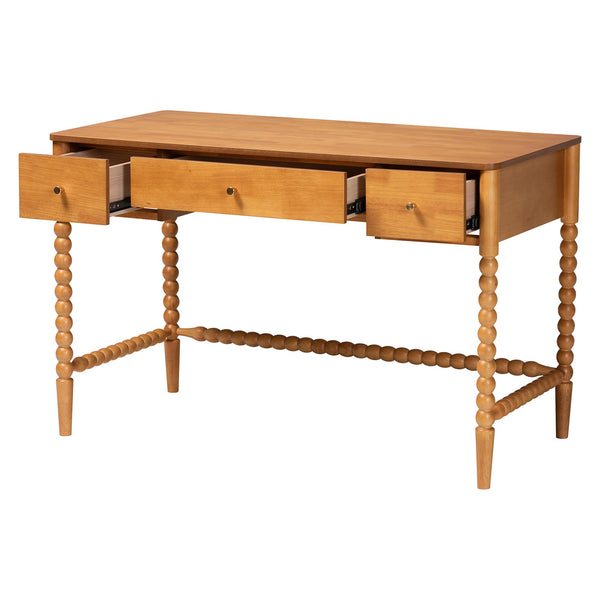 Baxton Studio Lucera Rubberwood Writing Desk with Bobbin Spindles and Three Drawers for Home Office