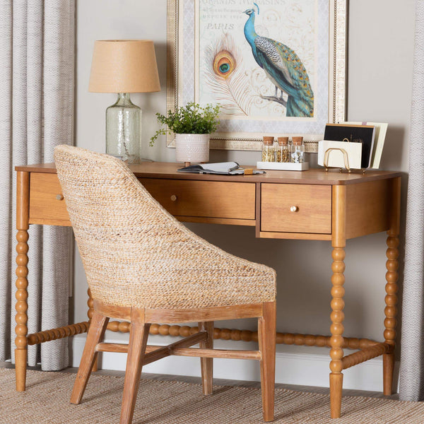 Baxton Studio Lucera Rubberwood Writing Desk with Bobbin Spindles and Three Drawers for Home Office