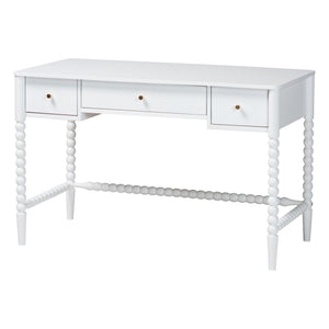 Baxton Studio Baxton Studio Lucera Rubberwood Writing Desk with Bobbin Spindles and Three Drawers for Home Office White MG9011-4-White-Writing Desk